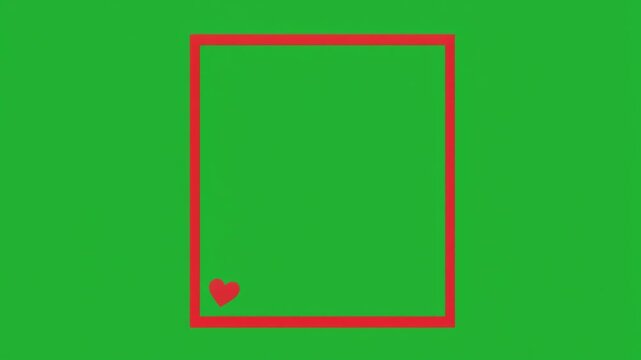 Minimalist red rectangular frame with a small heart icon isolated on a green screen chroma key background.