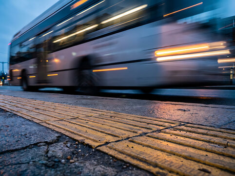 Dynamic blur of a city bus in motion, speeding down an urban street with distinctive yellow tactile paving under the soft glow of evening twilight, symbolizing modern public transportation