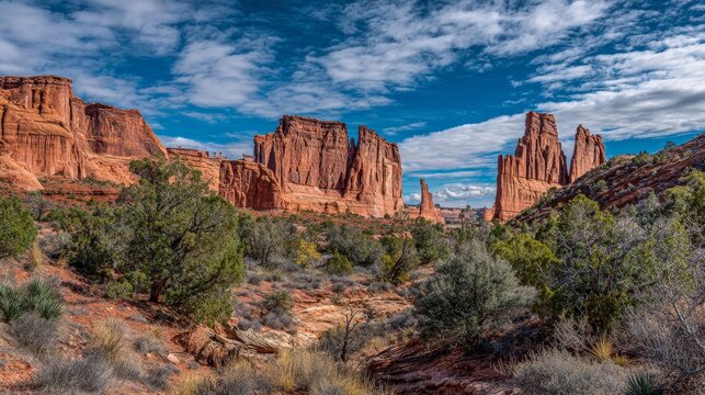 Majestic red rock spires rise from a desert canyon floor under a vibrant blue sky with scattered clouds