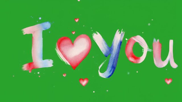Watercolor style I love you text with a red heart  on a green screen chroma key background.