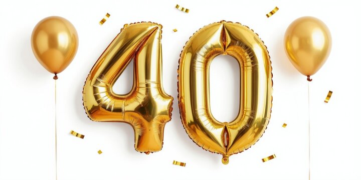 Gold balloons form number forty with confetti. Celebrate milestone birthday anniversary with shiny festive decor. Happy special occasion luxury party theme.