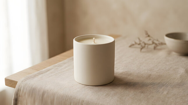 A single white candle with a burning flame and yellow wick glows on a wooden table, providing warm candlelight for spa aromatherapy or a holiday celebration