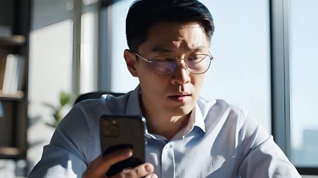 Asian businessman looking at smartphone with concern in office setting.