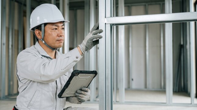 建設現場の屋内でタブレットを持ち軽量鉄骨の下地を点検する日本人男性の現場監督