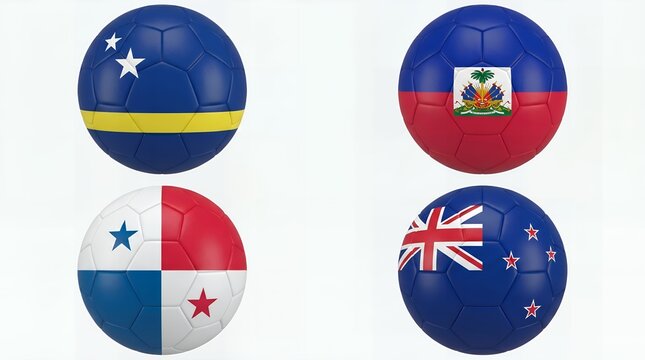 Set of Four Caribbean Pacific National Flag Soccer Balls Isolated White Background 3D