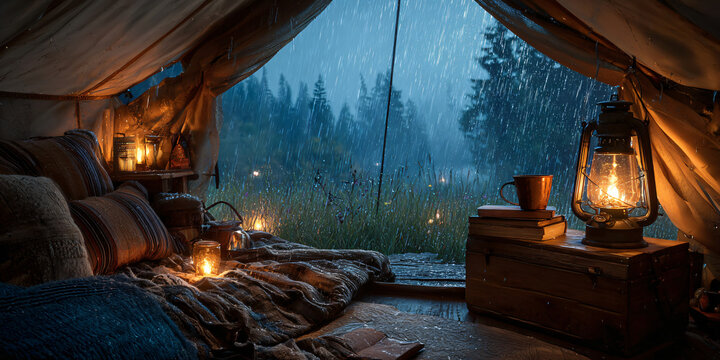 Cozy Camping Tent Interior with Candles and Bed at Night