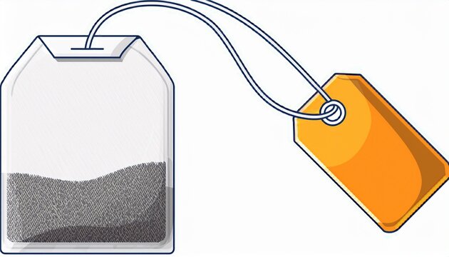 traditional rectangular tea bag with blank tag on white background