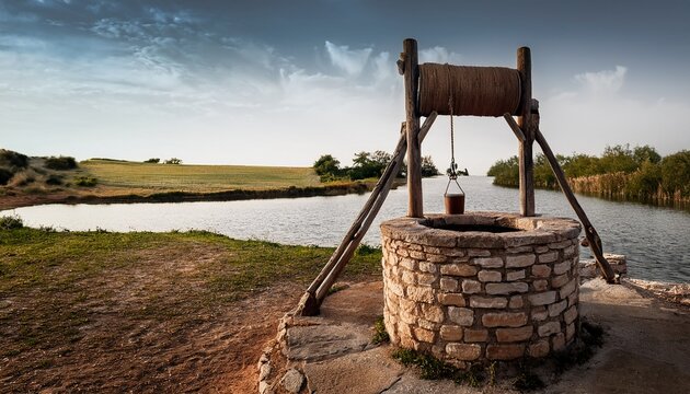 old stone well with rope and bucket over water representing well rehabilitation and water extraction