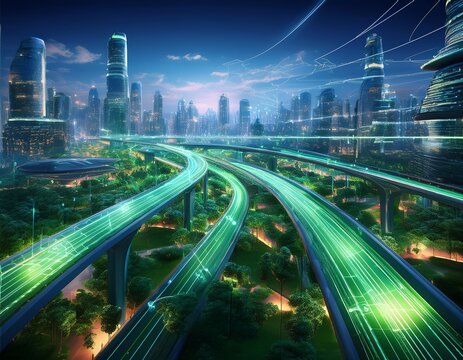 futuristic city smart city modern architecture digital network green roof elevated highway urban skyline sustainable design futuristic city lights