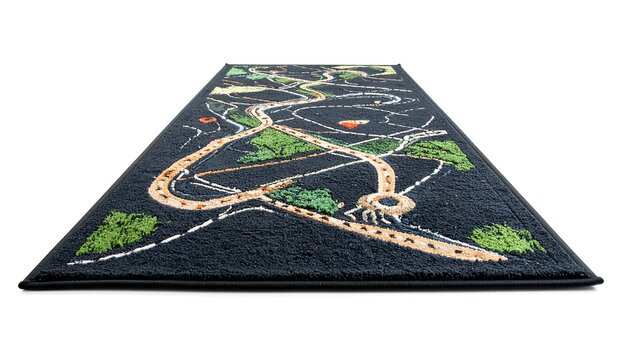 Dark navy carpet depicting a winding golf course