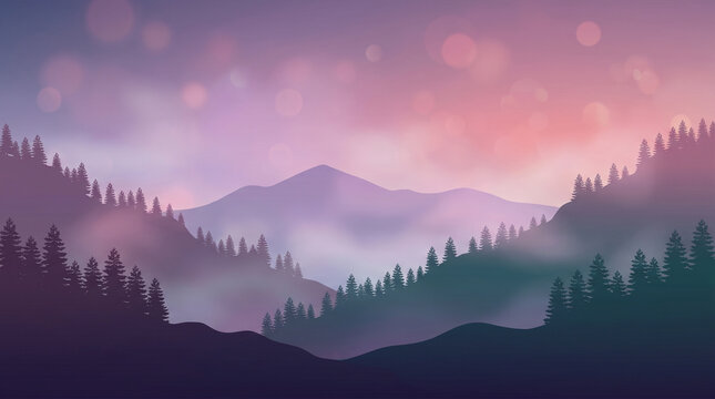 A serene flat design wallpaper of layered mountain ridges at dusk with gradient blue shades and minimalist vector peaks