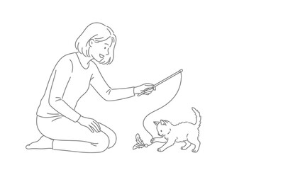Line art illustration of a young woman playing with her playful cat using a string toy and a feather © Puja