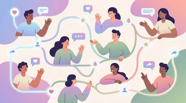 Diverse individuals connect and interact in a dynamic social network, fostering community and communication online and offline through digital platforms and shared experiences