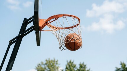 Naklejka premium Basketball hoop and net against a blue sky outdoors for sports and game play competition
