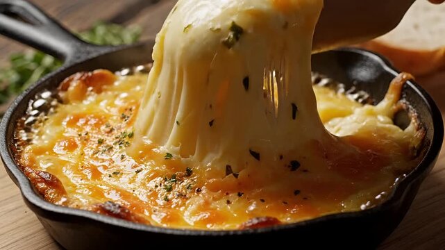 Delicious Baked Cheese Dish Being Served in Cast Iron Skillet.