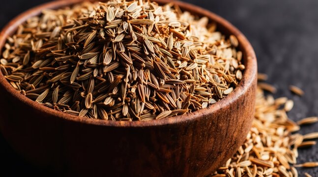 Dry cumin seeds fill rustic wooden bowl on dark surface. Tiny brown seeds spill onto counter, used for spice in cooking. Flavorful ingredient for food.