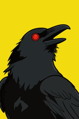Obraz premium Stylized Red Eyed Crow Portrait on Yellow Background