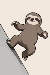 Fototapeta premium Cute Cartoon Sloth Climbing on Gray Wall