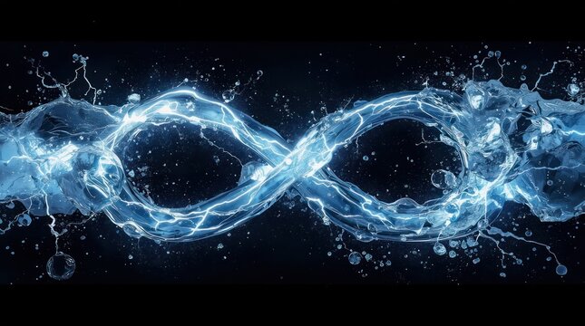 Dynamic Digital Illustration of Infinite Loop Symbol with Water Splash Effects.