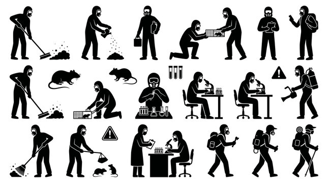 Silhouette icon set of hantavirus vector disease prevention featuring people cleaning rodent droppings, lab research, spraying disinfectant and safe hiking illustration.