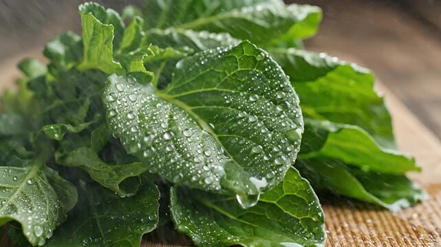Fresh Green Leafy Vegetables with Water Droplets on a Wooden Surface.