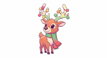 Naklejka premium Cute Cartoon Reindeer Wearing a Scarf with Festive Antlers.