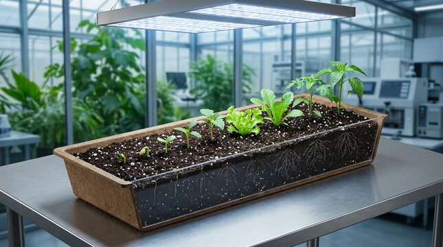 Plant growth stages with visible roots in a controlled environment