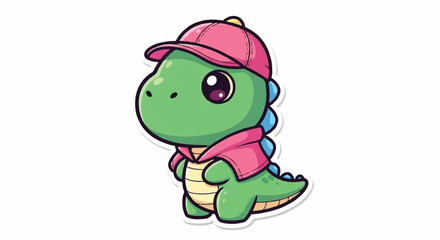 Obraz premium Cute Cartoon Dinosaur Wearing a Pink Cap and Hoodie.