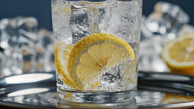 Refreshing Gin and Tonic with Lemon and Ice Closeup.