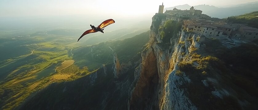 Hang glider soaring clifftop village, sunrise valley