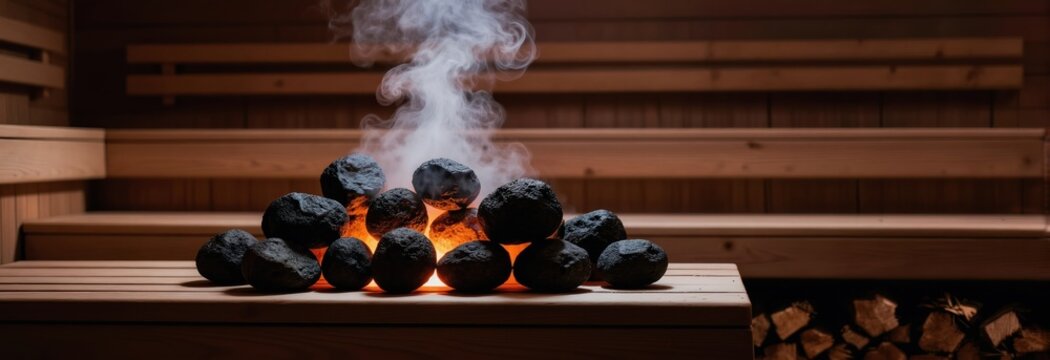 Sauna stove rocks heat up emitting steam. Wooden sauna interior creates warm relaxing atmosphere. Finnish bath culture promotes health and wellbeing through sweating.