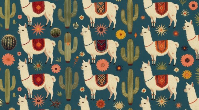 Seamless pattern featuring llamas and cactuses in a desert floral theme. This cute illustration has a whimsical design with colourful flowers and plants. Ideal for textile prints and decor.
