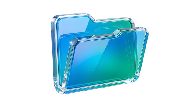 Futuristic glass folder icon with blue and green gradient, translucent 3D file directory symbol, glossy digital storage concept on white background