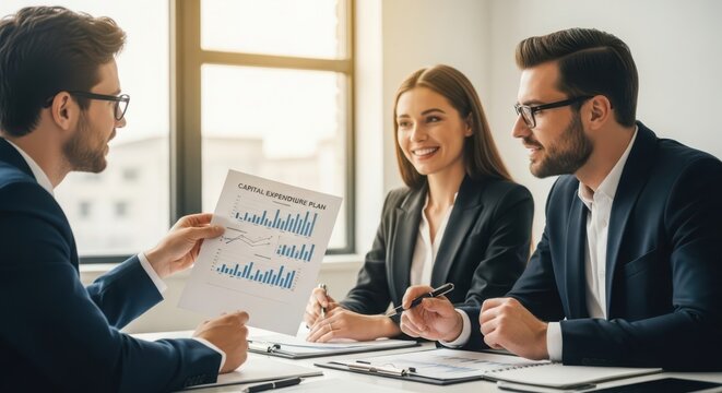 Diverse business professionals collaborating in a finance meeting, reviewing growth charts and discussing strategy for capital expenditure plan.