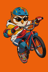 Naklejka premium Cool Owl Performing BMX Stunt on Vibrant Background