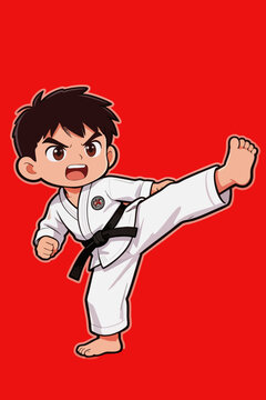 Chibi Boy Performing Karate Kick on Red Background