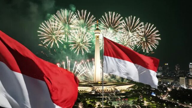 Indonesian Flag Waving Over Jakarta Monas with Fireworks at Night