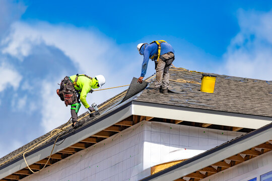 A wide horizontal view of two roofers wearing hard hats and safety harnesses while installing asphalt shingles on the roof of a residential building structure under a bright blue sky with white clouds
