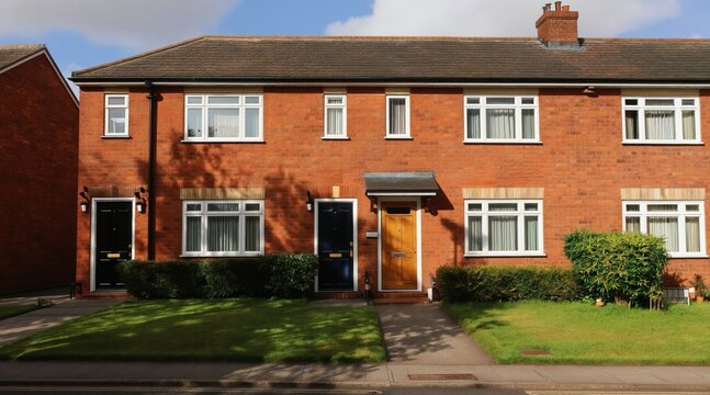 Terraced brick houses common in UK suburbs. Two story homes feature multiple windows, front doors, and green lawns. Residential streetscape offers suburban living facade.