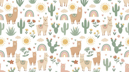 Naklejka premium Cute Llama and Cactus Seamless Pattern, Flat Style, Kids Design, Vector Illustration