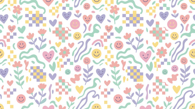 Playful Pastel Flat Vector Seamless Pattern with Smiley Faces, Hearts, Flowers for General Design  Youth Lifestyle