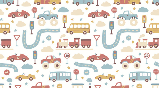 Cute Seamless Pattern of Cartoon Vehicles and Roads for Kids