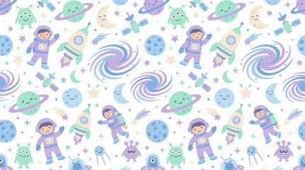 Naklejka premium Cute Astronauts and Rockets Seamless Space Pattern