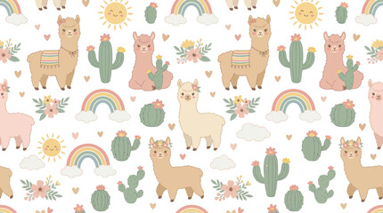 Naklejka premium Cute Cartoon Llama and Cactus Vector Seamless Pattern for Baby, Children's Textiles, and Nursery Decor