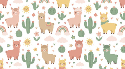 Naklejka premium Cute Llamas and Cactuses Seamless Pattern - Flat Cartoon Vector Illustration for Children's Nursery Textile Design
