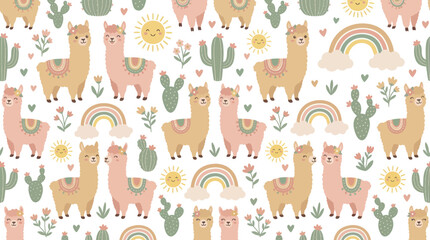 Naklejka premium Whimsical Pastel Llama Rainbow Seamless Pattern - Cute Flat Cartoon Illustration for Children's Design