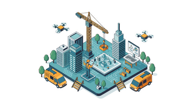 Smart Construction Site and Digital Twin Concept with Engineer, Drones, Crane and Isometric Buildings on Circuit Board Background