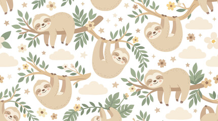 Fototapeta premium Cute Cartoon Sloths Hanging on Tree Branches Seamless Pattern. Adorable Flat Vector Illustration for Children's Nursery.