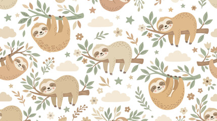 Fototapeta premium Cute Sloths Hanging on Branches, Vector Illustration, Cute Animal Art Style