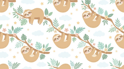 Fototapeta premium Cute Sloth Pattern on Branch, Flat Cartoon Style, Animal Stock Illustration